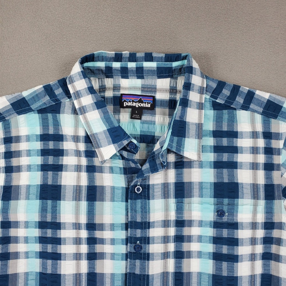 Patagonia Button Down Shirt Mens‎ L Blue Plaid Short Sleeve STY53004 SP17